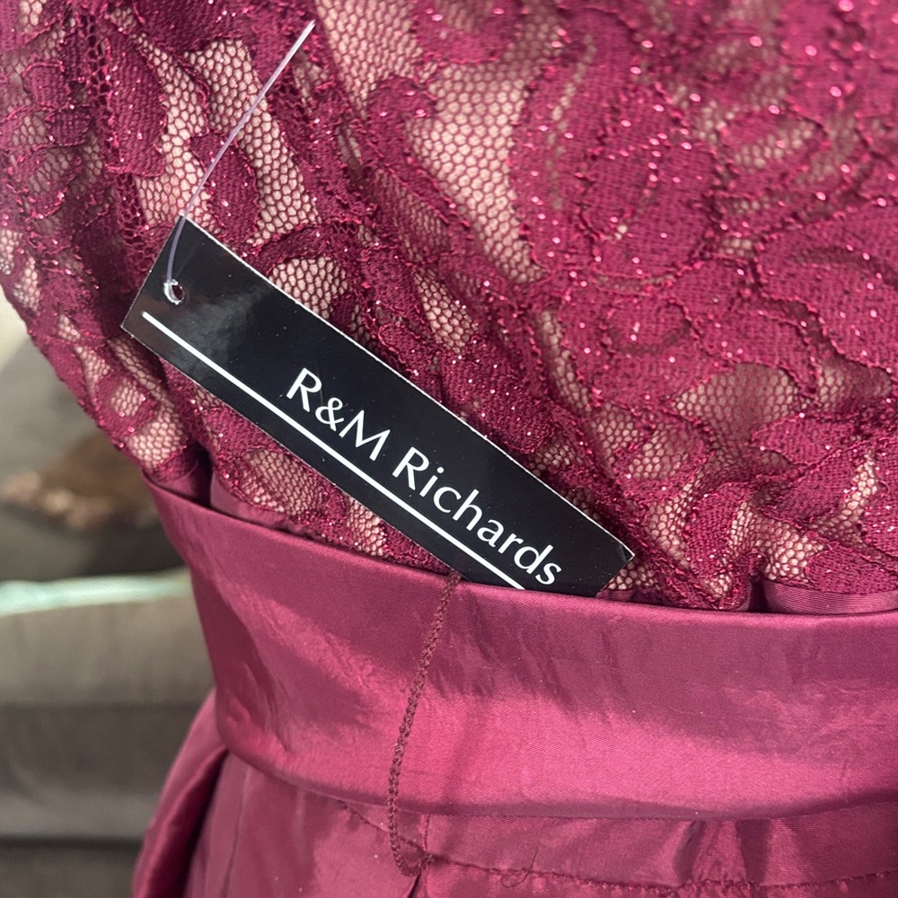 R & M Richards Burgundy Lace Prom Dress - Picture 6 of 9